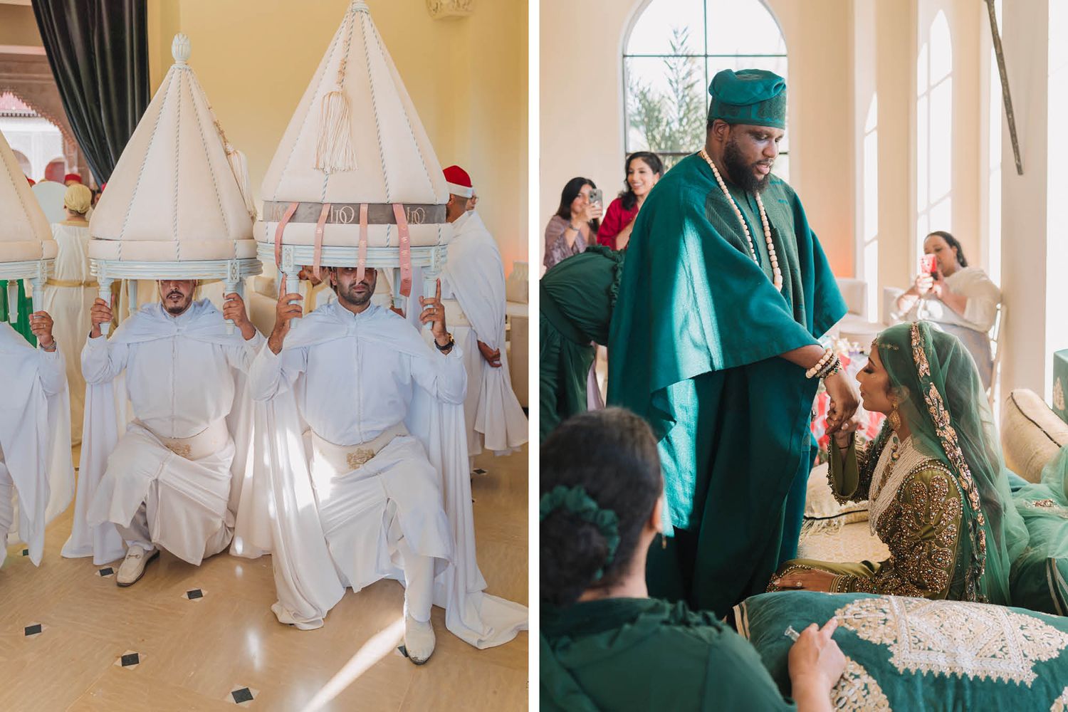 Two different medical scenes show contrasting rituals in patient care with white and green scrubs.
