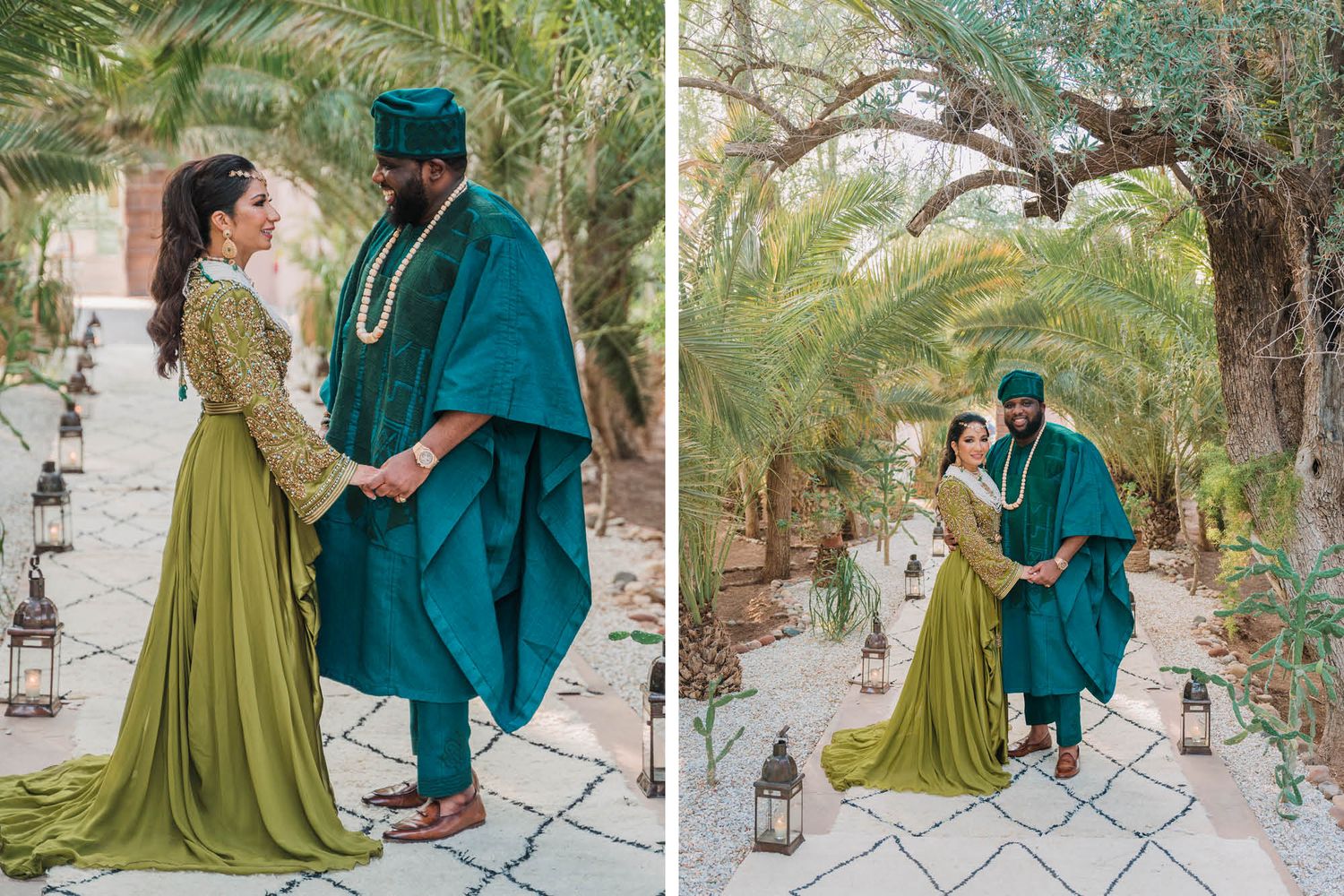 A couple in elegant green and teal traditional attire pose together in a lush garden setting with decorative lanterns.