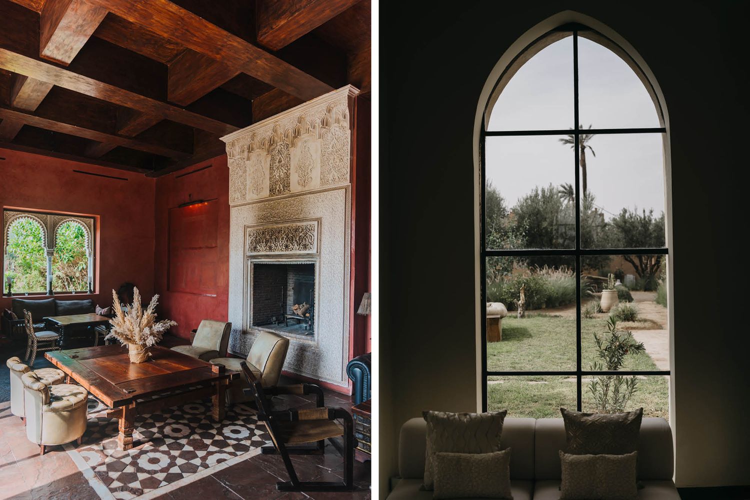 Rustic living room with exposed beams and arched window views showcase cozy interior design elements in split view.