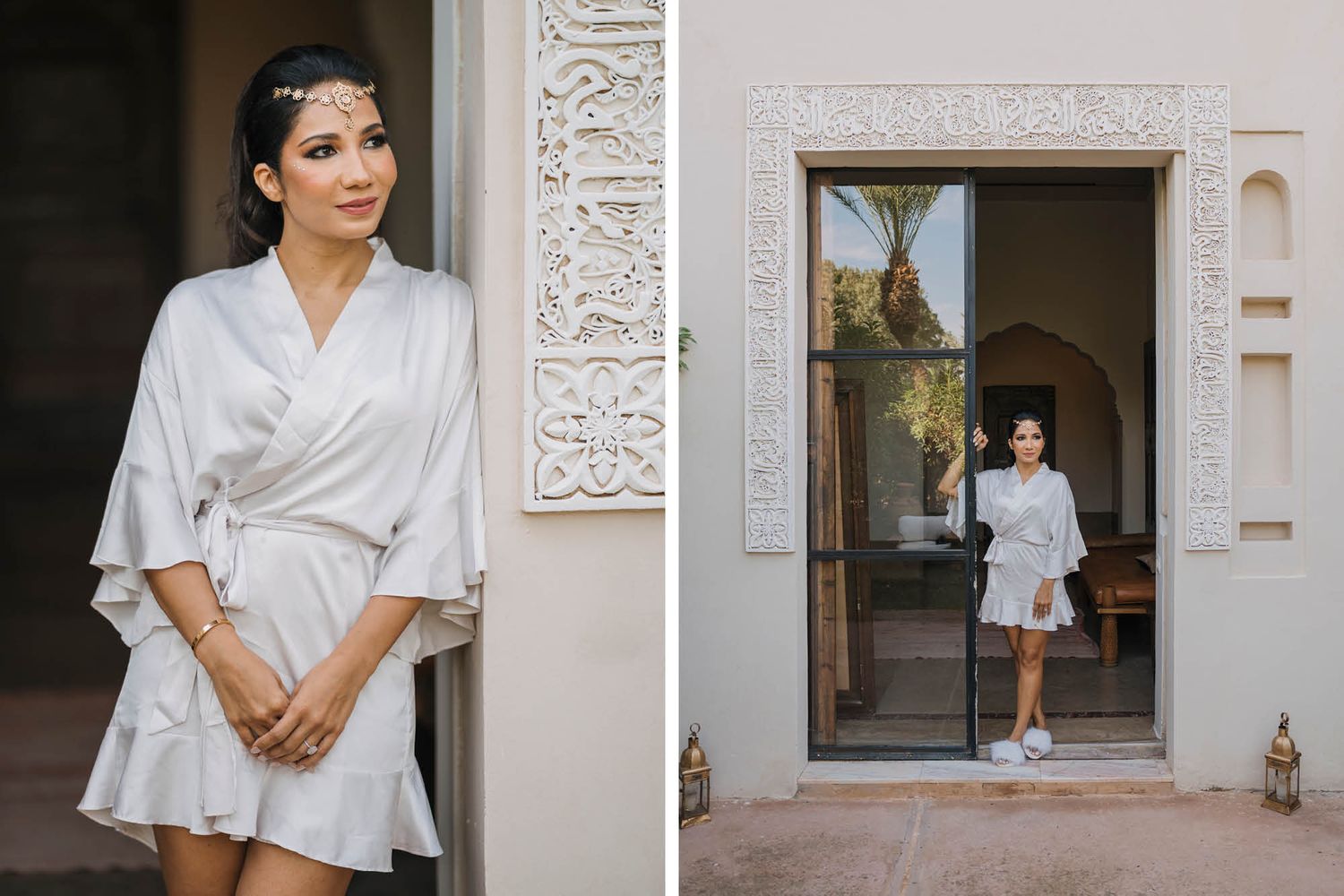 Side by side photos show someone wearing a casual white wrap dress standing in an ornate doorway.