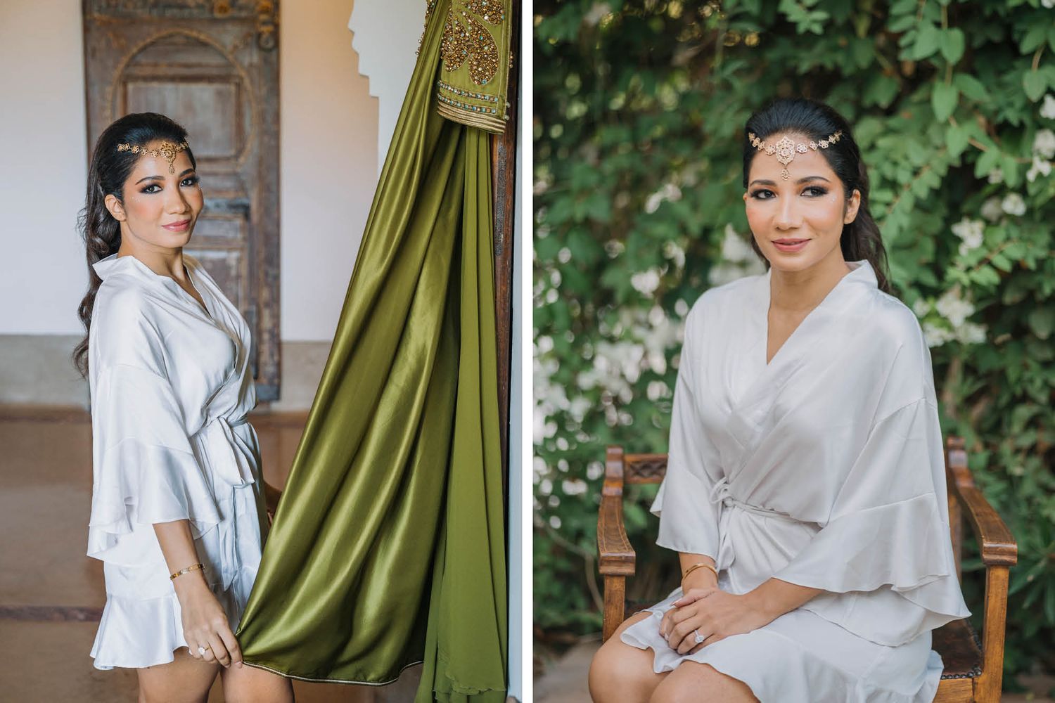 A person wearing a light gray silk robe poses against a green backdrop and foliage in this bridal preparation photo set.