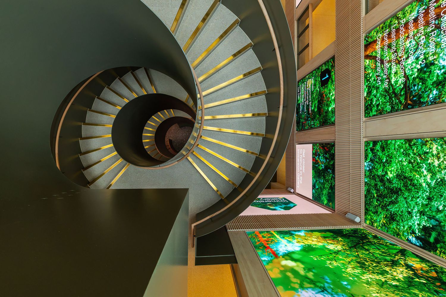Contemporary spiral staircase with illuminated steps and digital nature displays in a modern cultural centre interior.