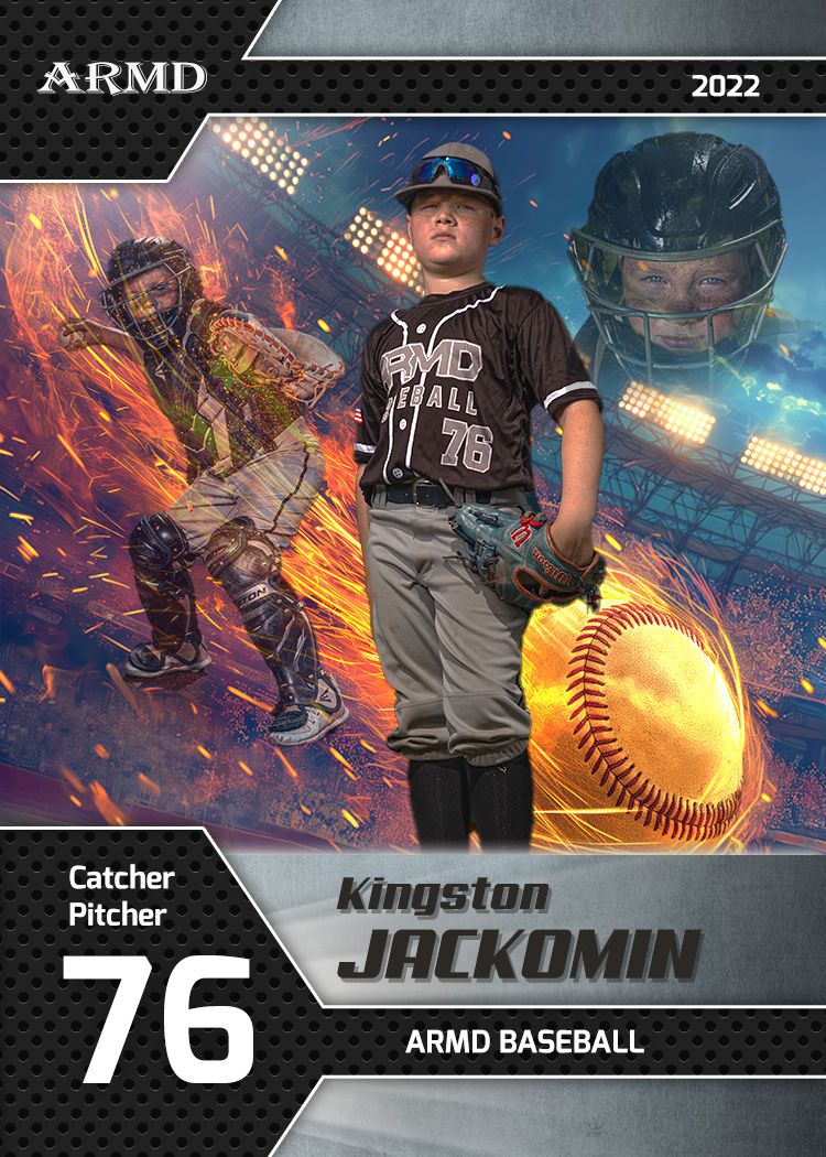 Baseball trading card featuring Kingston Jackomin player number 76 with fiery artistic effects and multiple action poses.