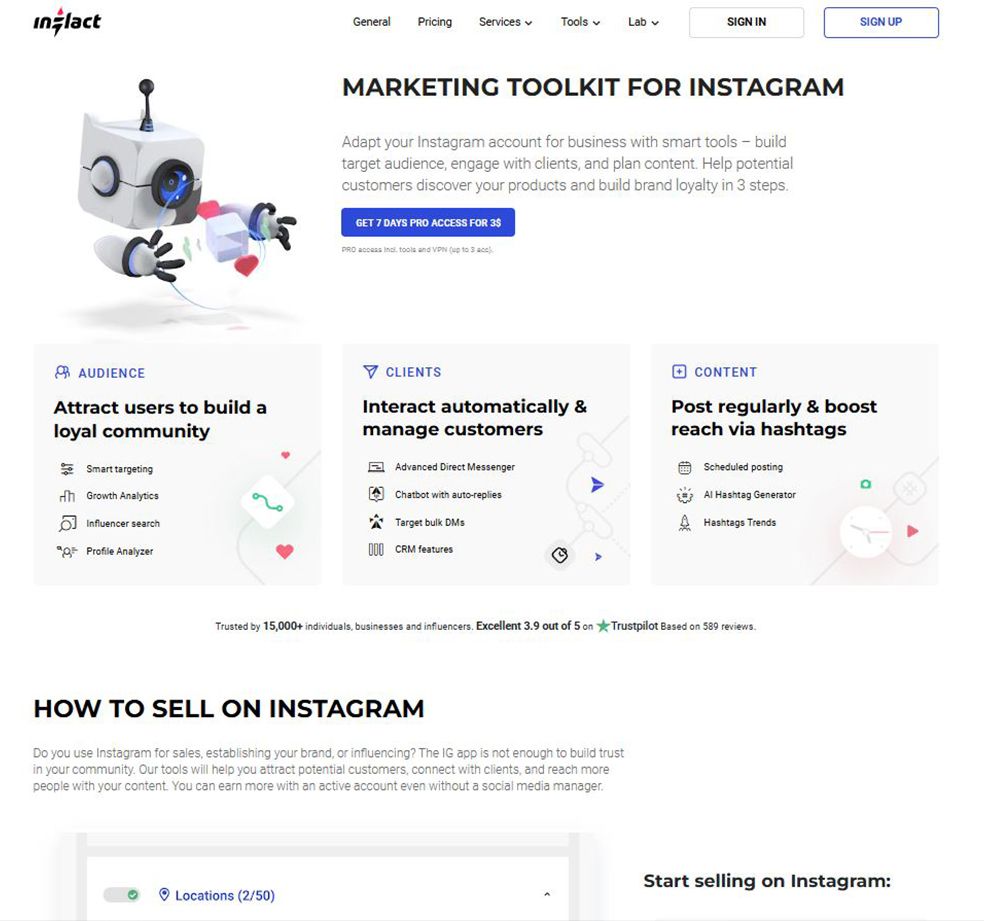 Clean white marketing toolkit landing page with 3D robot illustration and feature list.