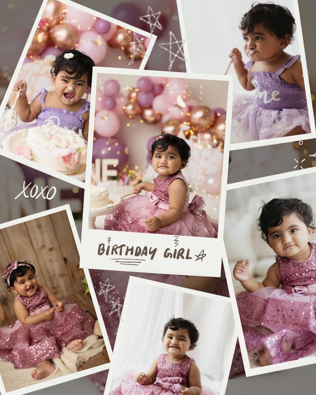 A collage of a baby girl in pink dress celebrating her first birthday with balloons and cake smash photos labeled Birthday Girl.