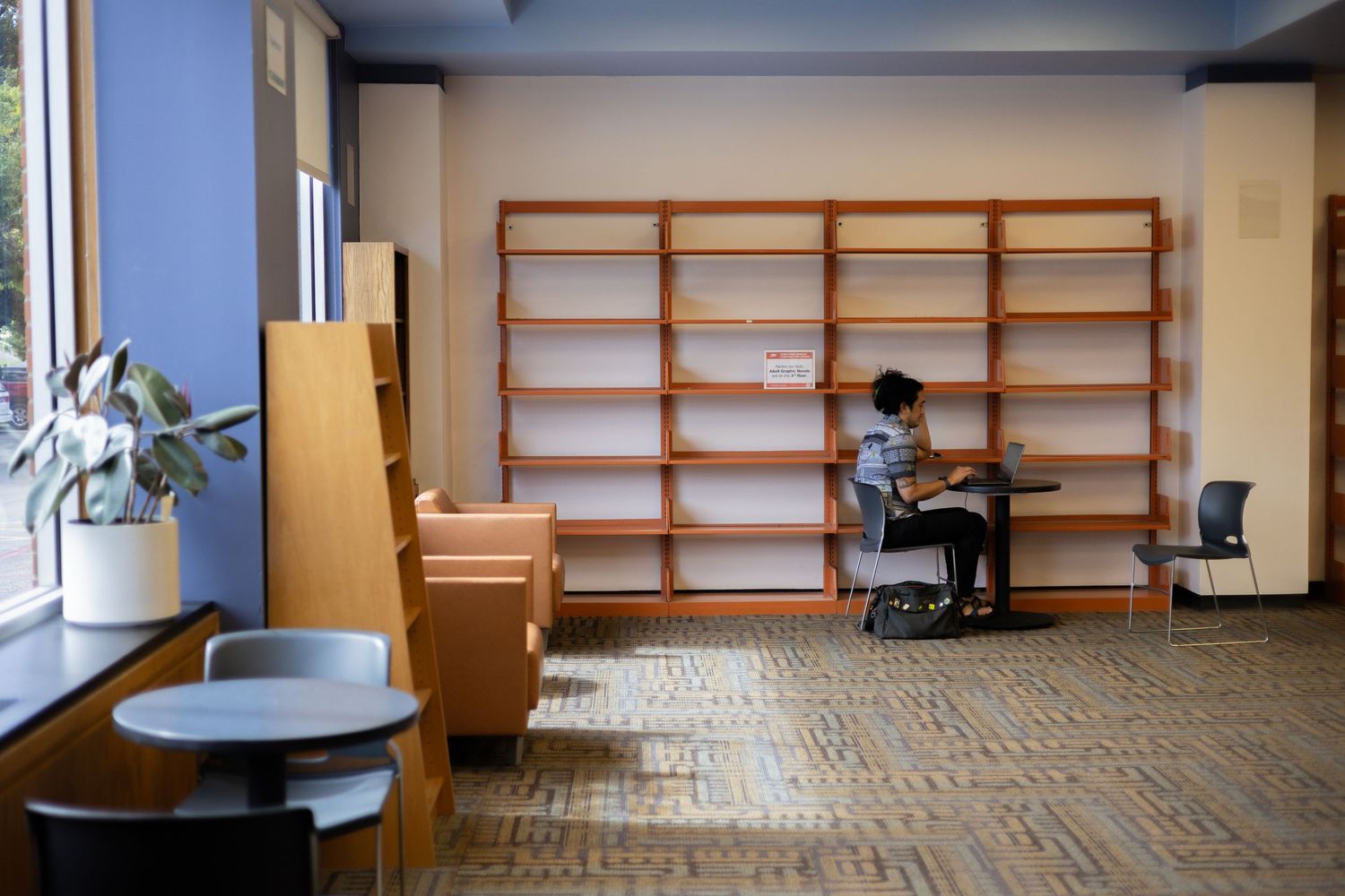 Student studying alone at a desk beside empty wooden bookshelves in a quiet library reading room.