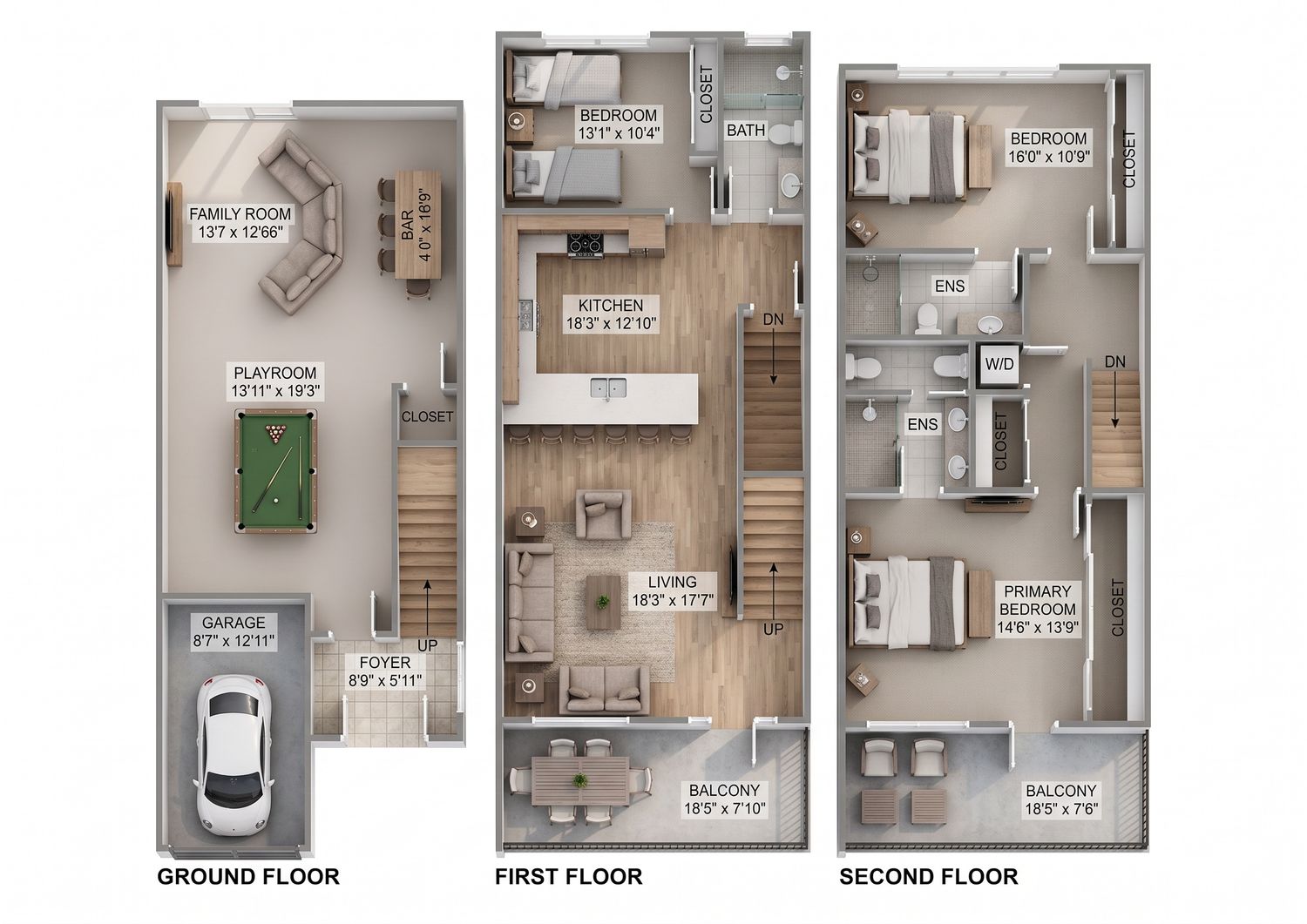 3-floor townhouse floor plan showing ground floor garage, first floor living areas, and second floor bedrooms with balcony.