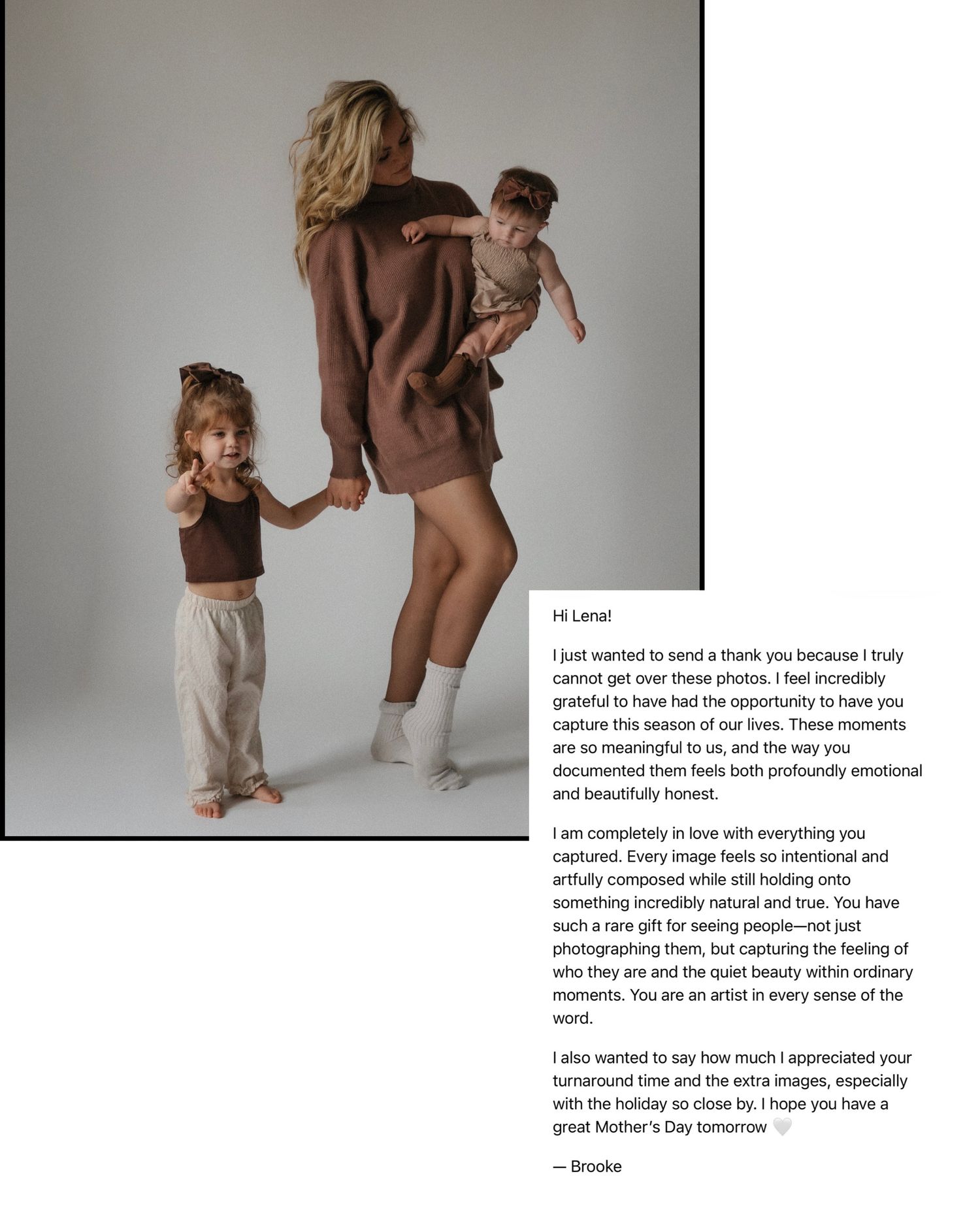 A mother and two young children pose together in matching brown outfits beside a heartfelt thank-you letter for Mother's Day.