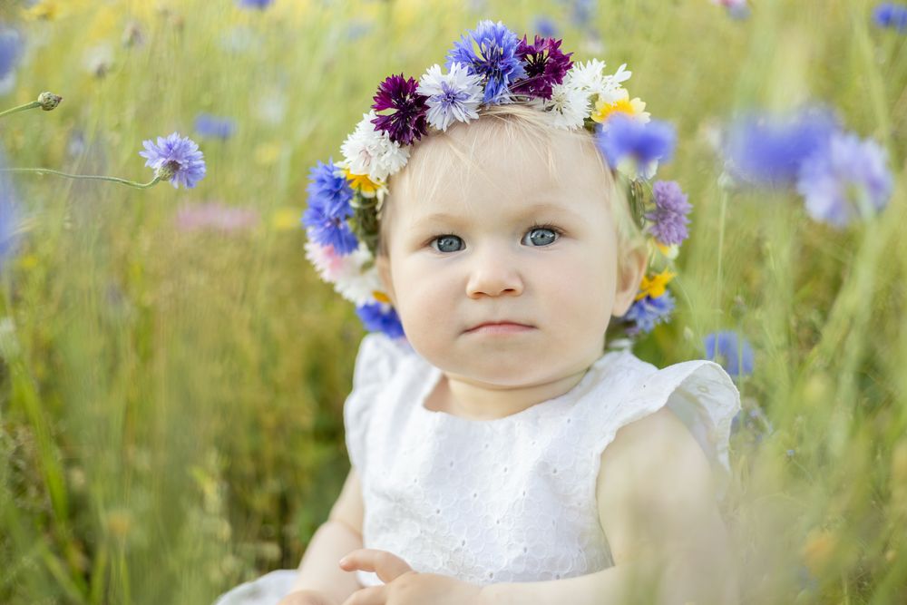 alt="Adorable baby girl with blue eyes wearing a colorful flower crown sitting in a wildflower meadow in a white dress"
