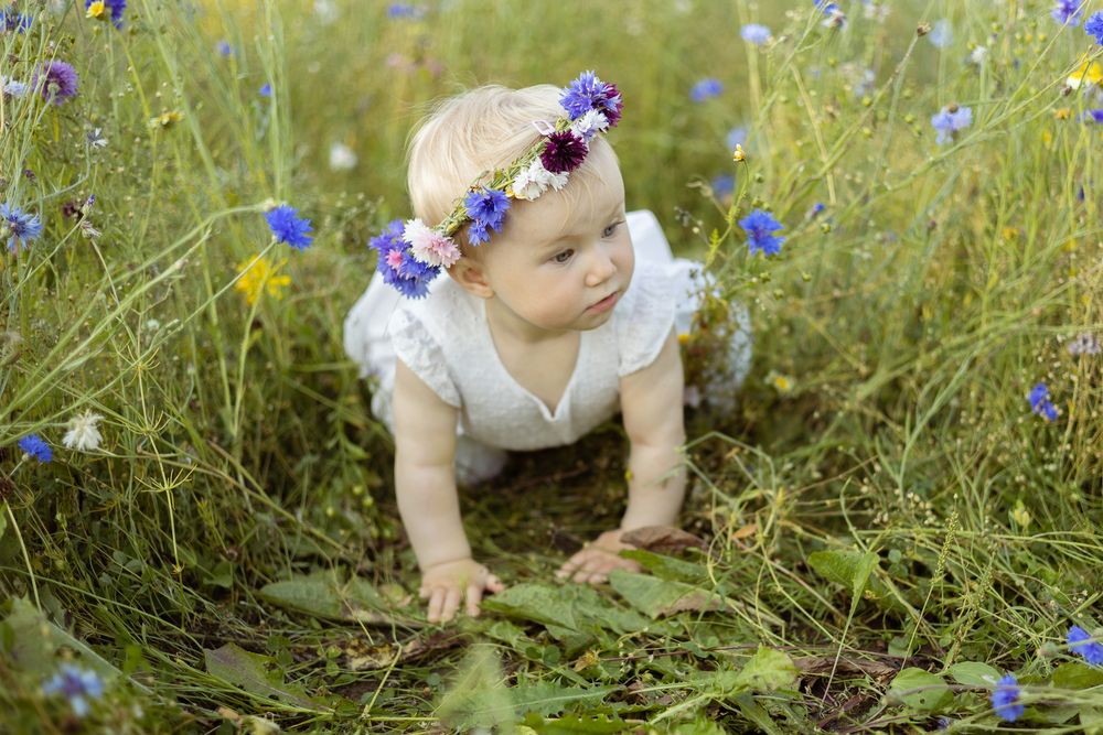 alt="A baby girl wearing a floral crown crawls through a wildflower meadow in a white outfit"