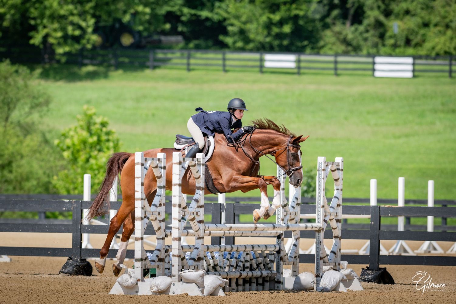 Smiling equestrian in helmet affectionately nuzzles a dark bay horse at a competition.
