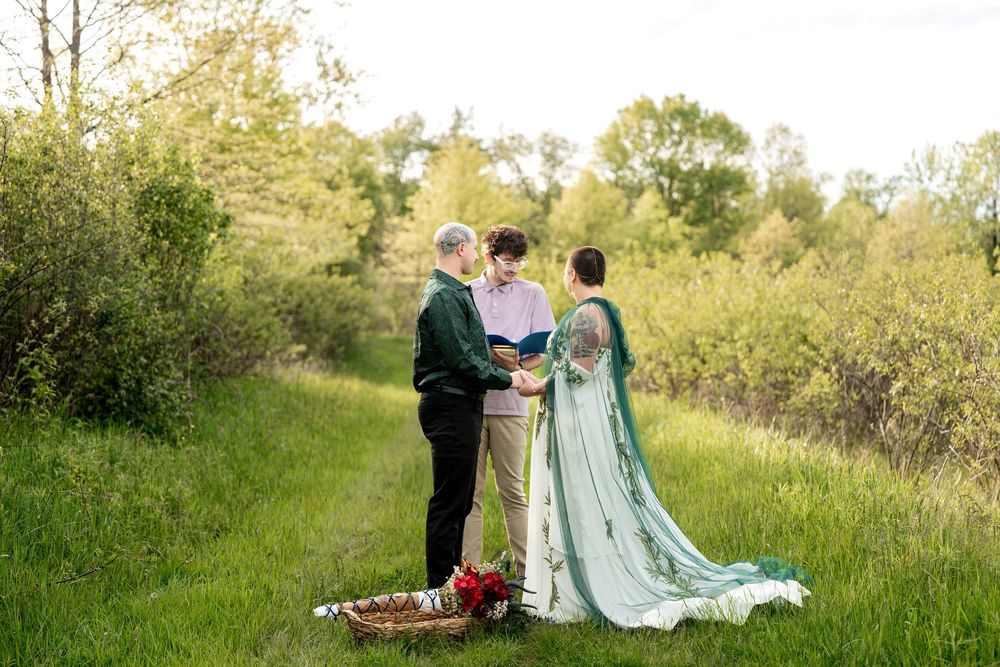 Outdoor wedding ceremony in a green meadow with couple and officiant exchanging vows.