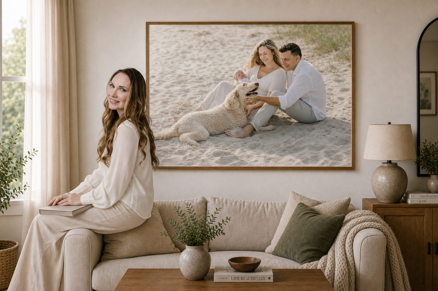 Woman sits on couch beside large framed beach photo of couple with dog in bright living room.