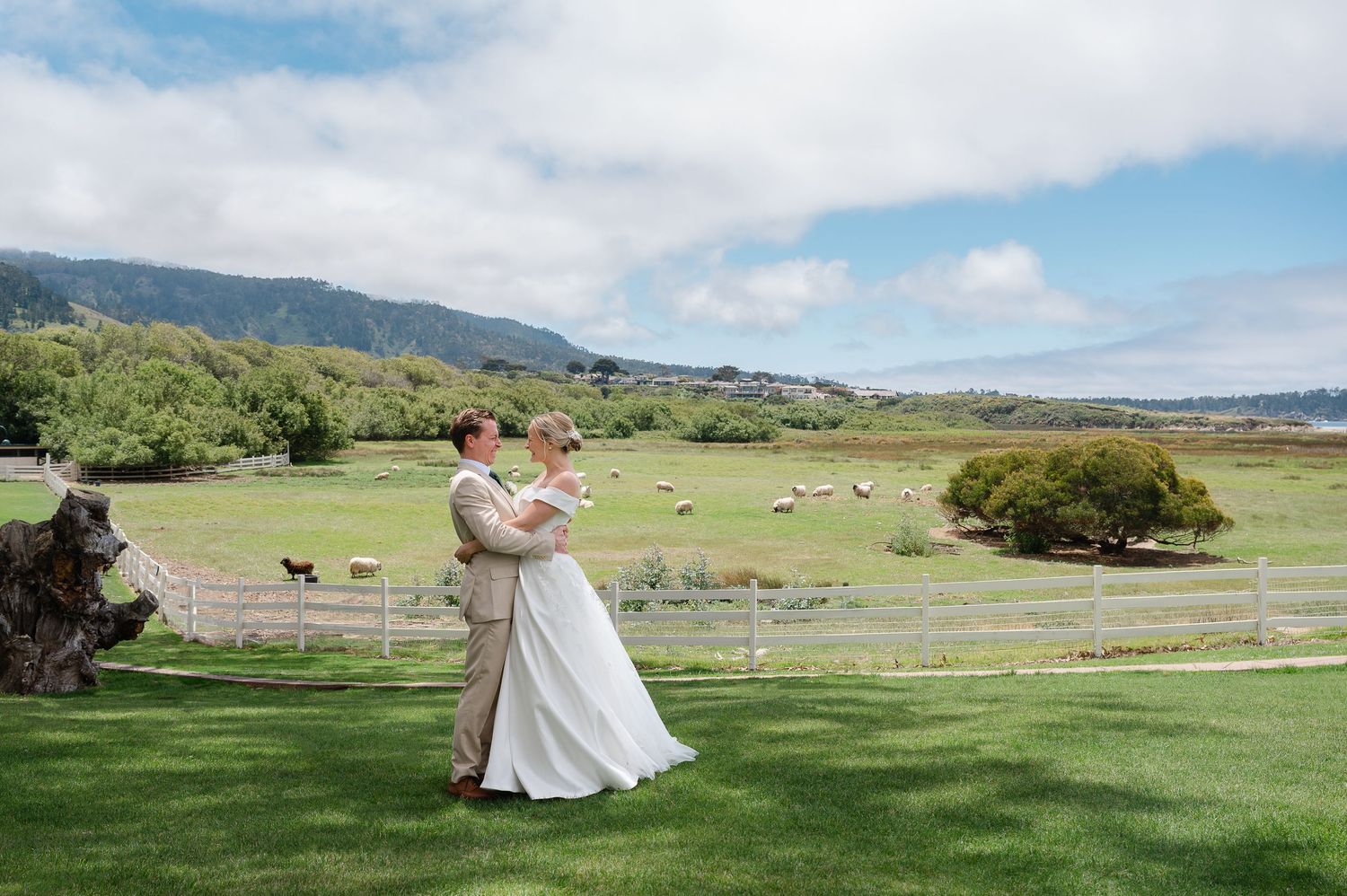 Elegant wedding photography sequence showing a bride in a white gown at a luxurious venue with Mediterranean architecture.