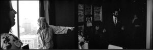 Black and white diptych of a woman pointing out a window in an indoor setting.