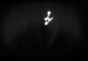 Black and white night sky photo showing a glowing airplane flying above dark silhouetted trees.