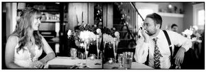 Black and white diptych photo of a bride and groom sitting at a restaurant table.