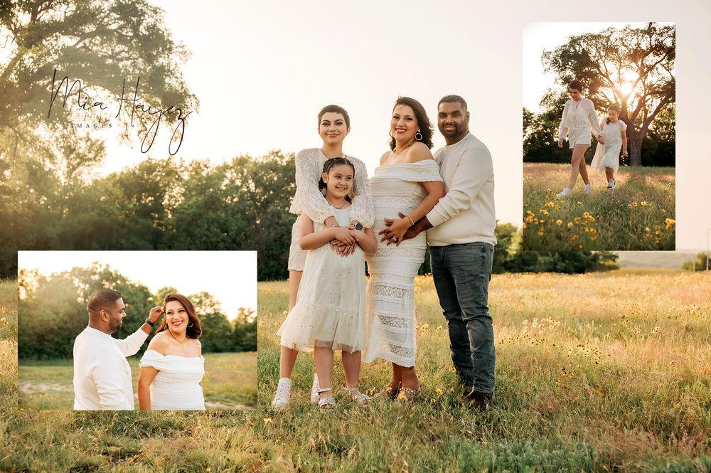 Family photo session in golden field at sunset wearing coordinated white outfits.