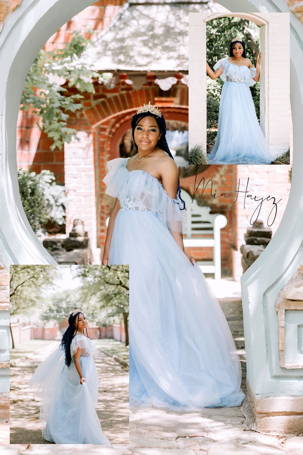 Ethereal portraits in flowing blue gown under decorative garden archway.
