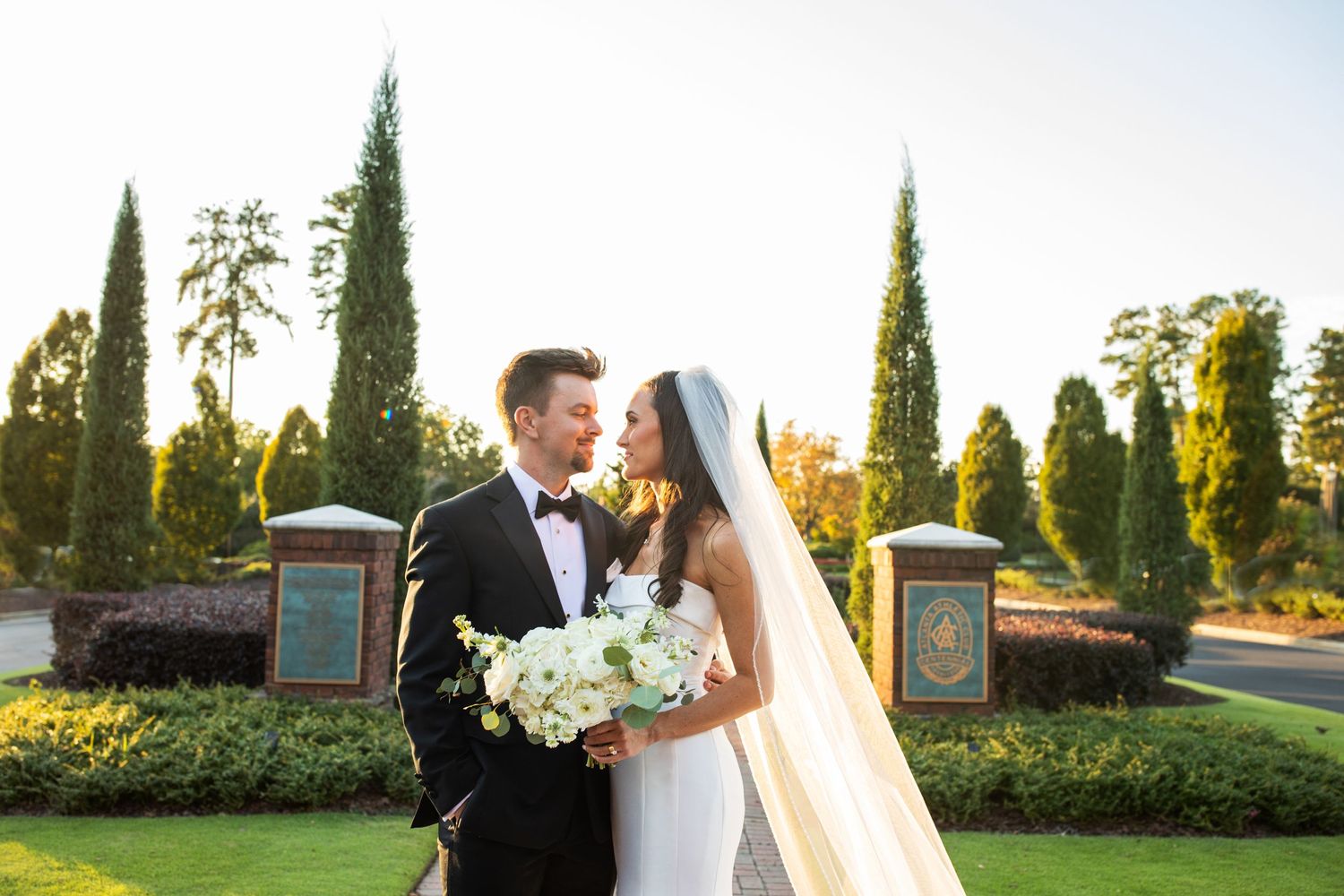 Newlyweds share intimate moment in sunlit garden with cypress trees.