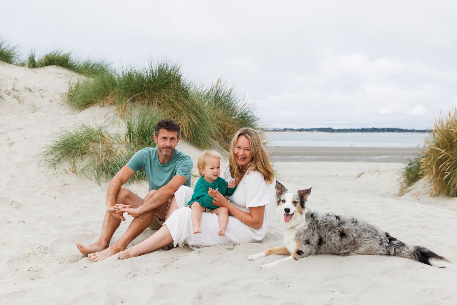 A relaxed beach portrait moment with a small dog on sandy dunes.