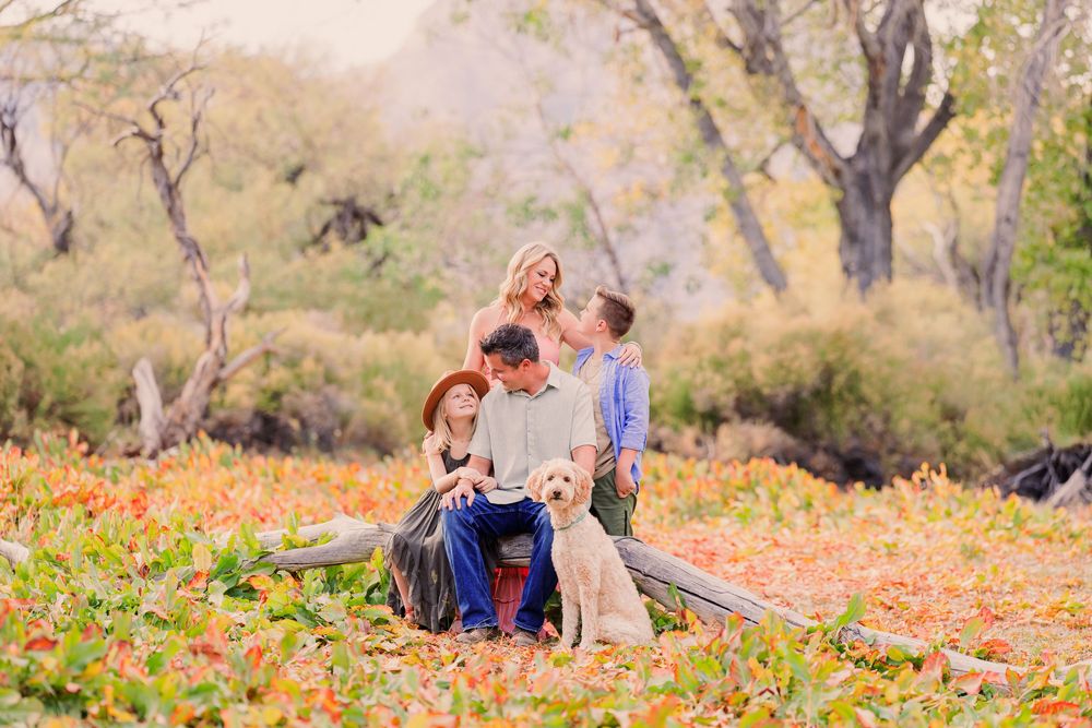 Family with dog enjoying autumn foliage outdoors, sitting among colorful fall leaves with trees in background.