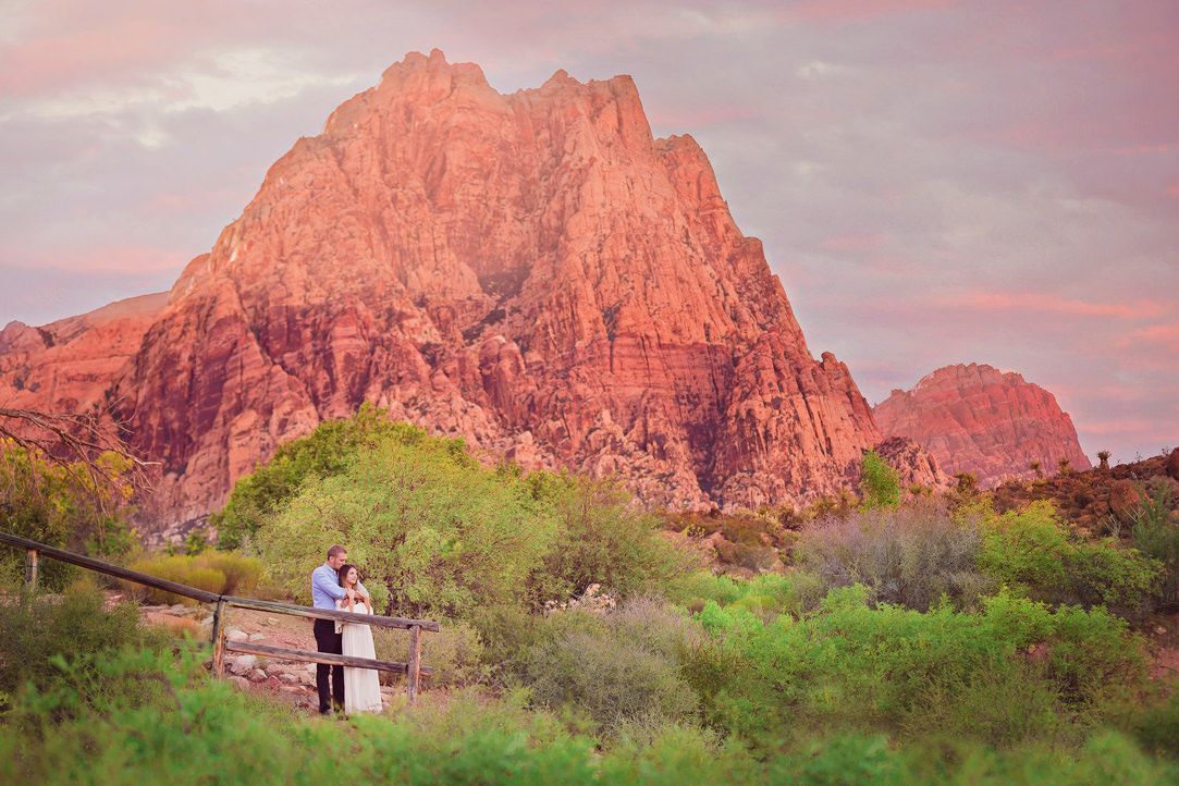 Red rock formations tower over desert vegetation under a pink and purple sunset sky.