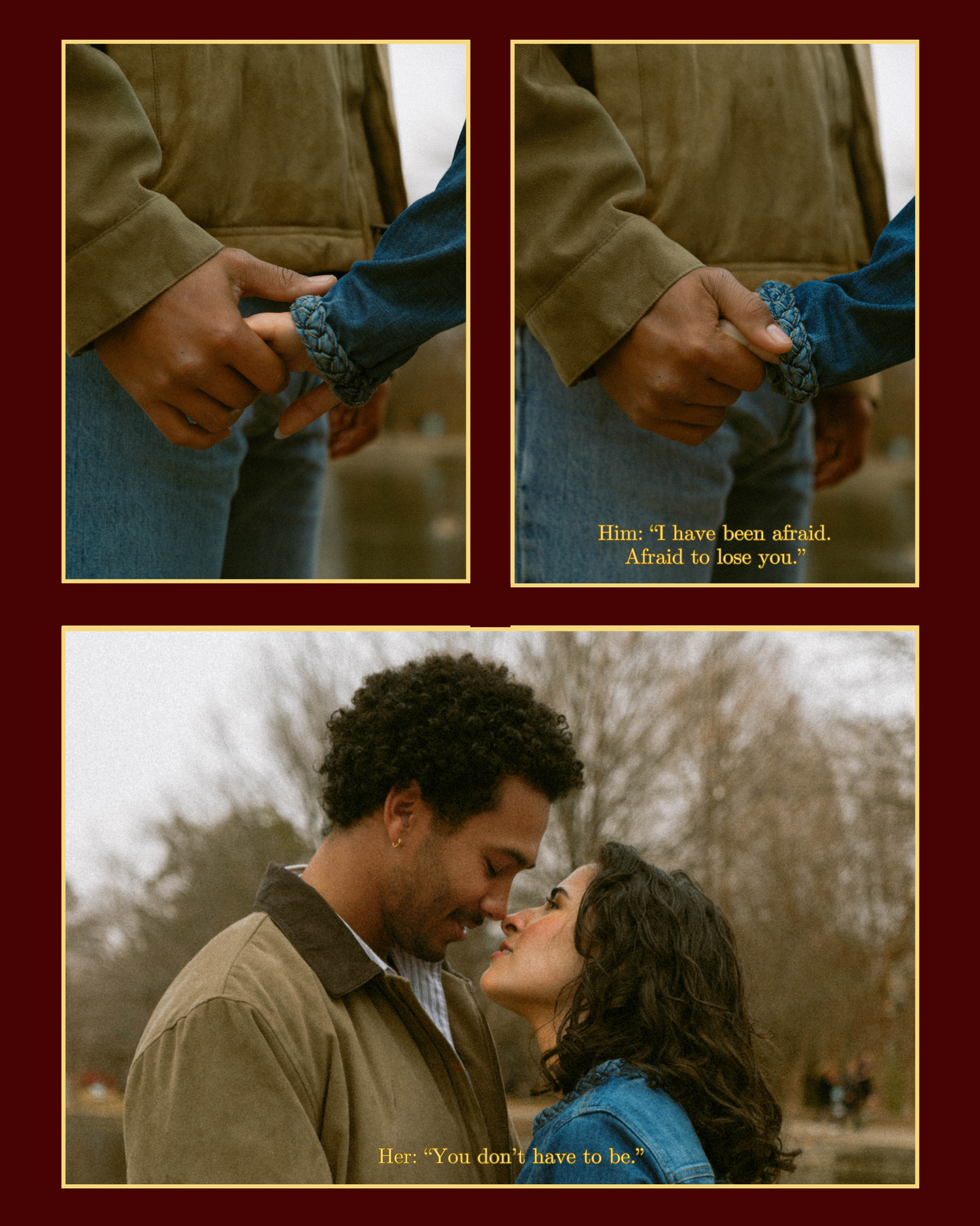 A romantic couple embraces in a moody outdoor setting with dramatic lighting and mist in the background.