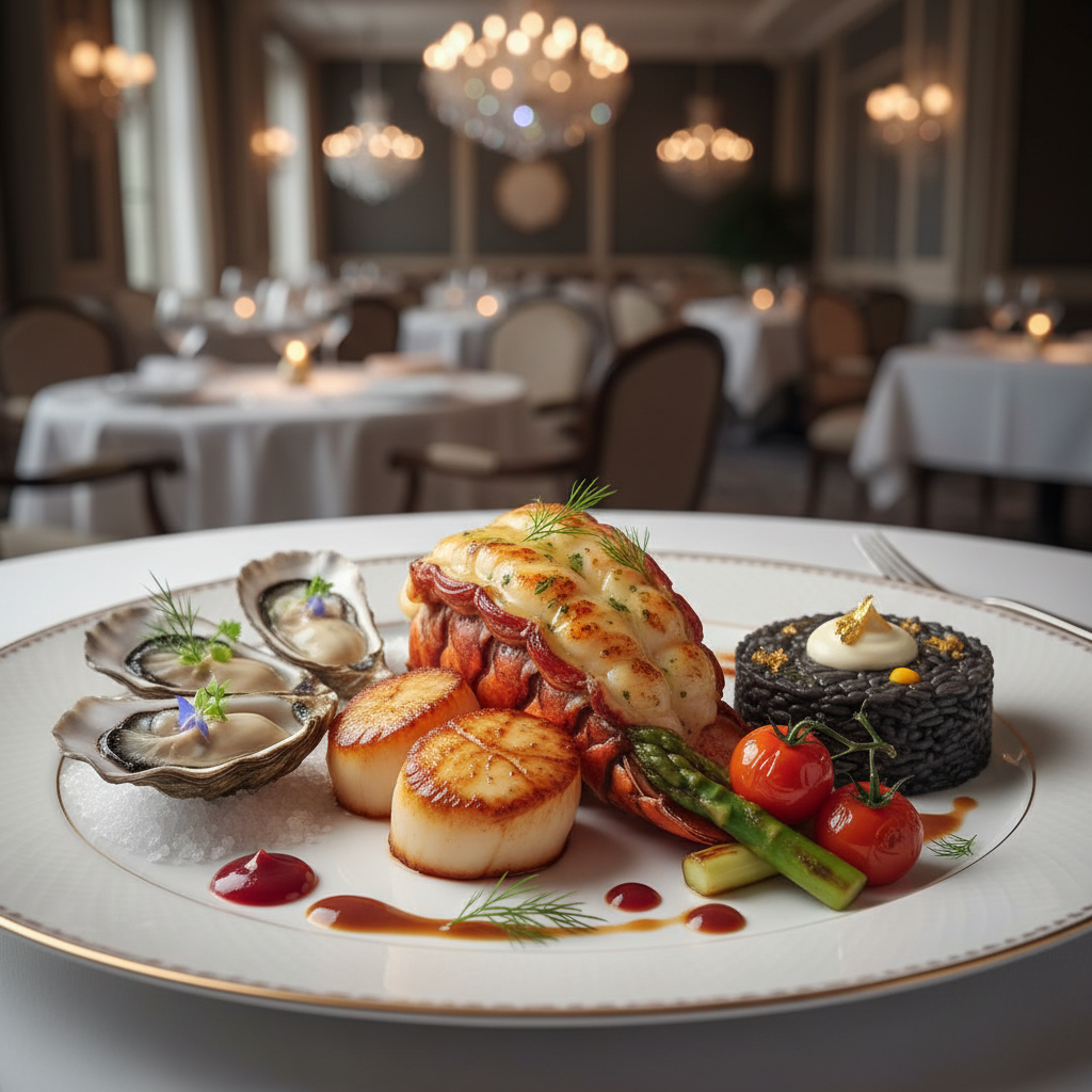 Elegant fine dining plates showcasing scallops, seafood, and garnishes under crystal chandeliers in a upscale restaurant. Miami Flying Dress