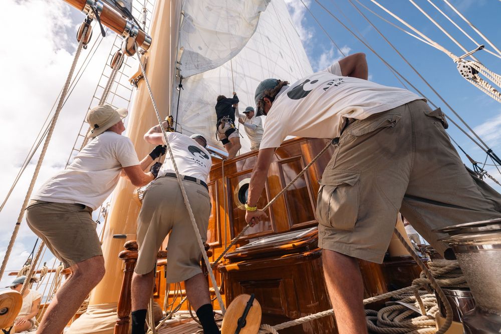 Crew members work together to adjust the rigging and sails on a classic wooden sailboat during a sunny day at sea.