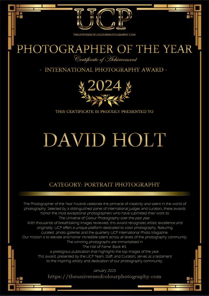 David G Holt Photography - Elegant gold and black certificate design for Photographer of the Year award.