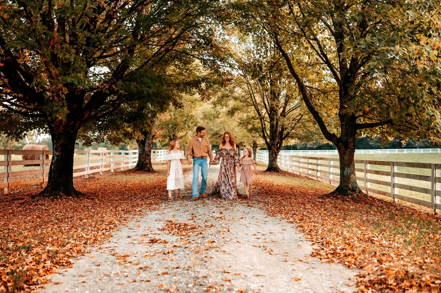 A tree-lined autumn path covered in vibrant orange and red fallen leaves stretches into the distance.