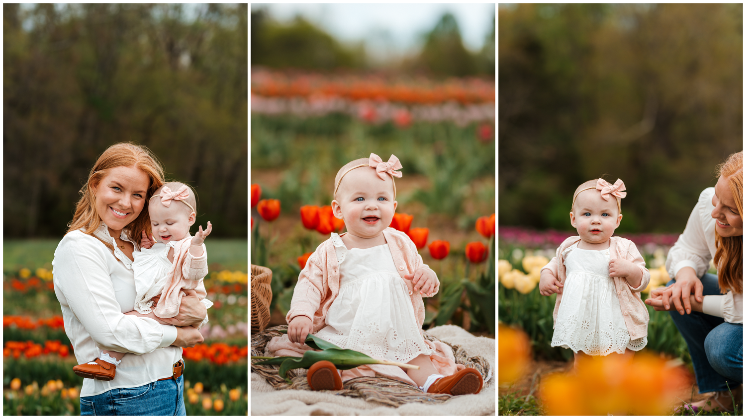 A series of seasonal outdoor photo sessions showing a baby in white dress among pumpkins and tulip flowers.