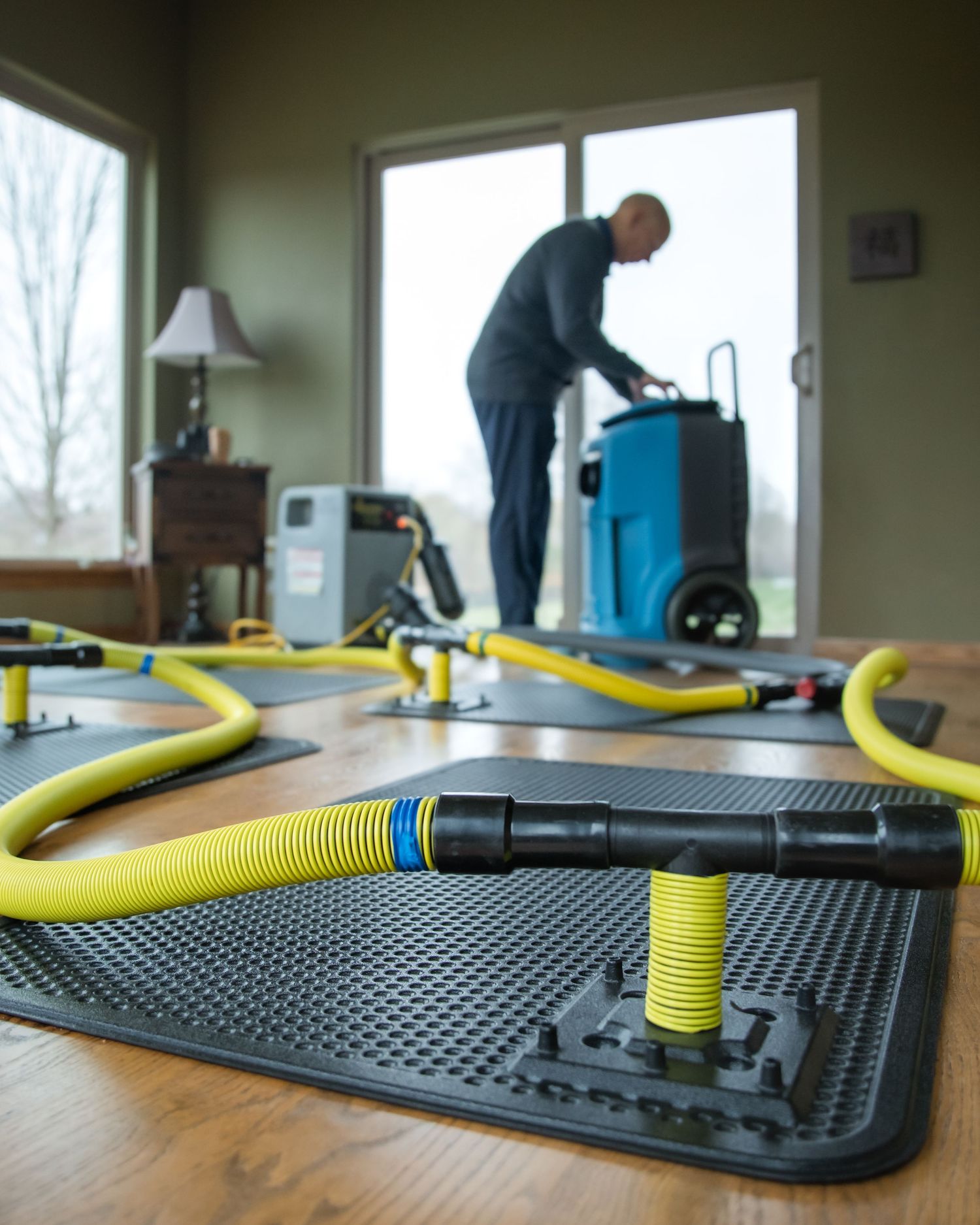 A series of rubber floor mats being cleaned with yellow vacuum hoses in an indoor space with windows.