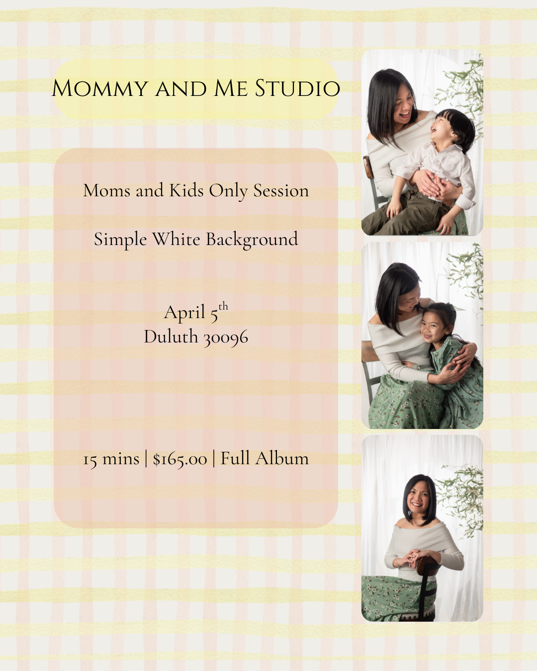 Soft pink and white photography studio advertisement banner showcasing spring mini sessions with sample portraits.