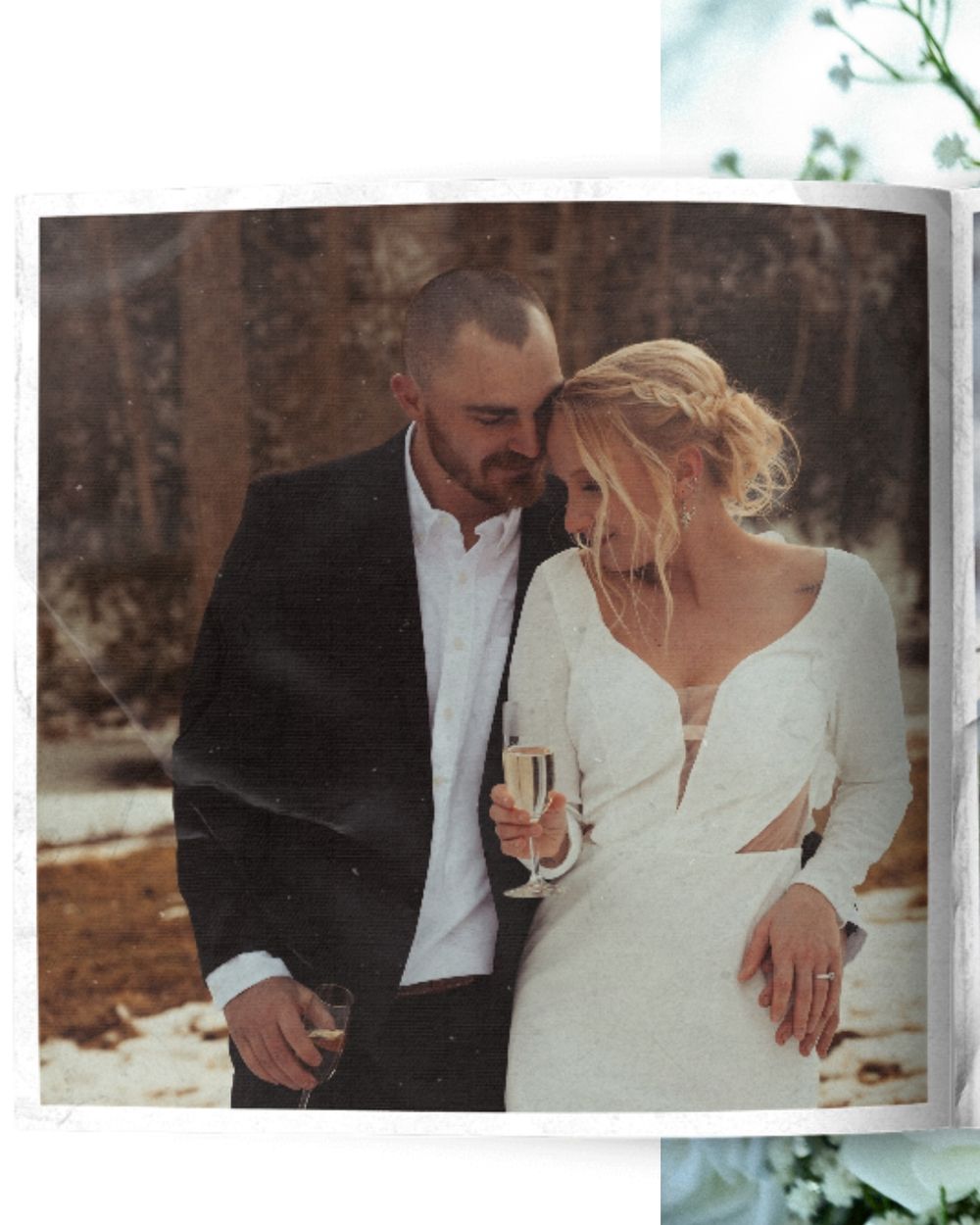 Intimate wedding moment captured in photo album style layout.