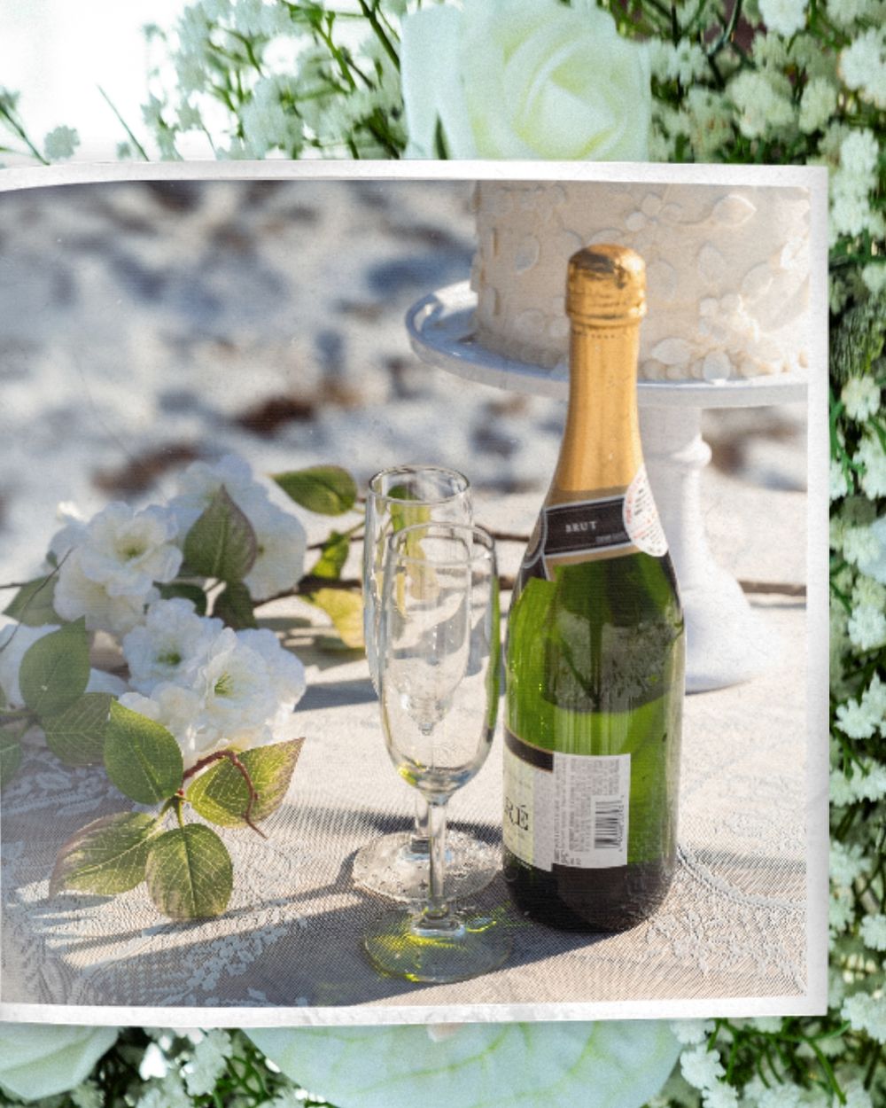 Wedding reception table with champagne bottles, crystal glasses and white floral decorations.