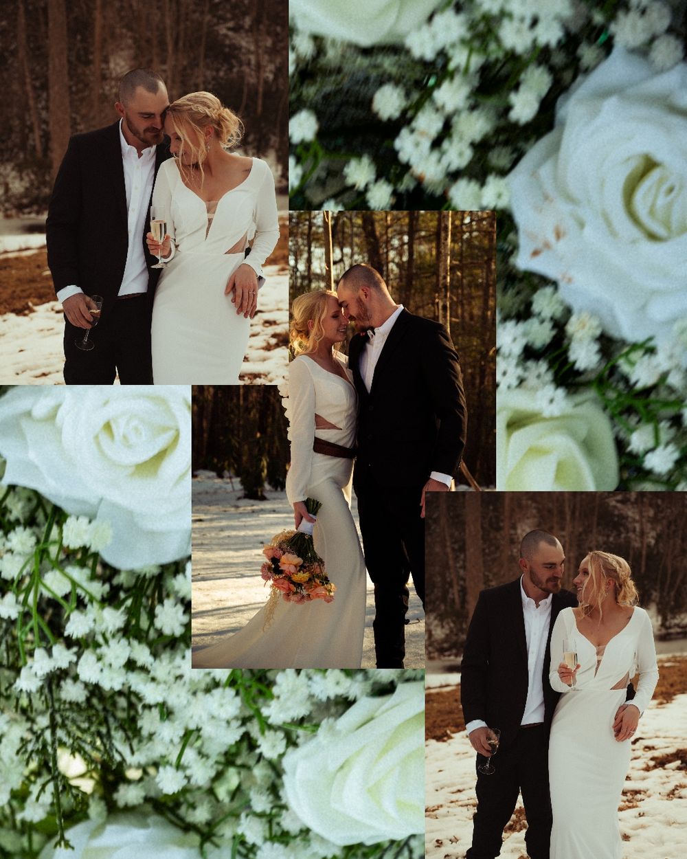 Romantic wedding moments captured against a backdrop of white roses and greenery.