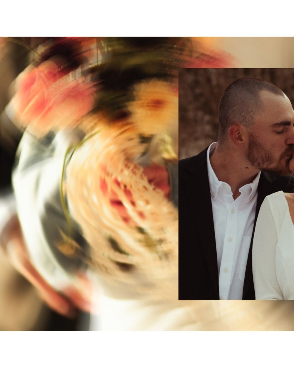 Artistic motion blur wedding photography with warm tones and formal attire.