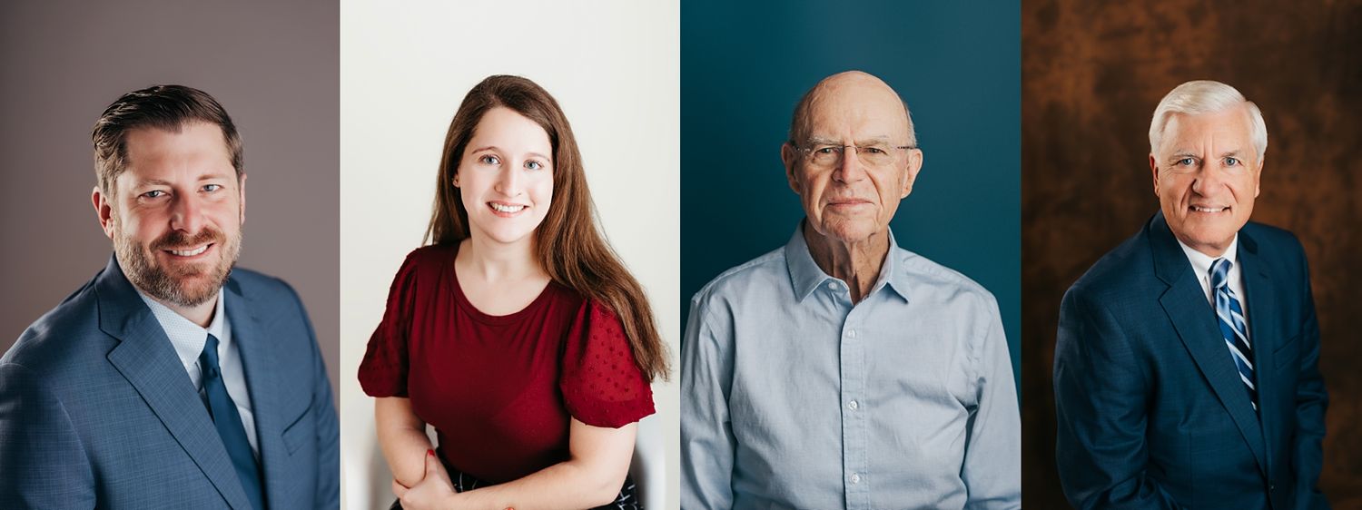 Professional headshot portraits of people in business attire against neutral backgrounds.