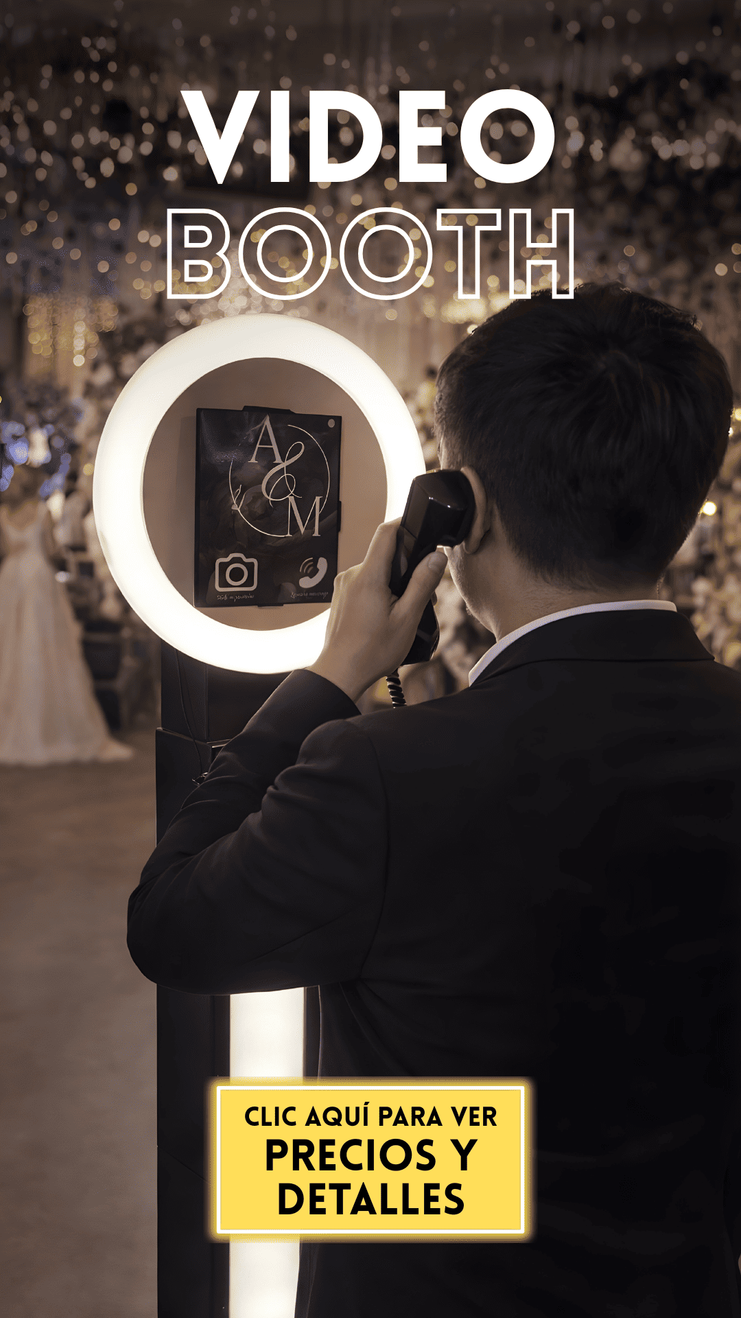 Person interacting with a video booth display featuring illuminated signage and glowing ring light.