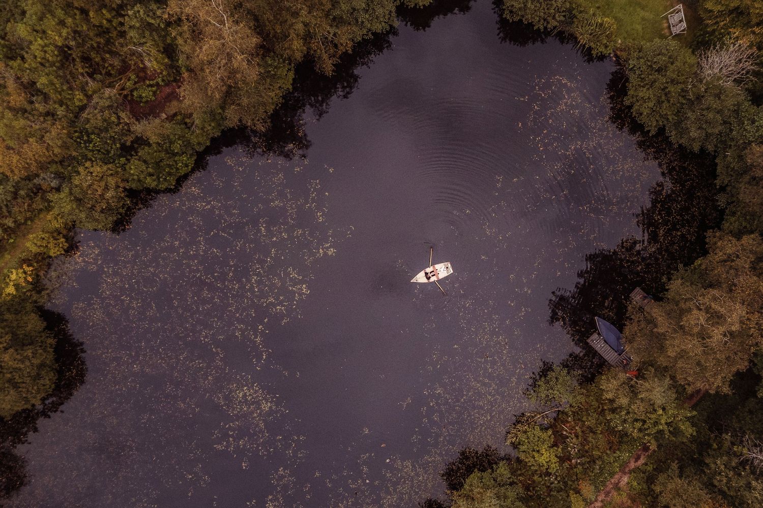 Bride and groom kid son a boat at Linthwaite House - Aerial Photo