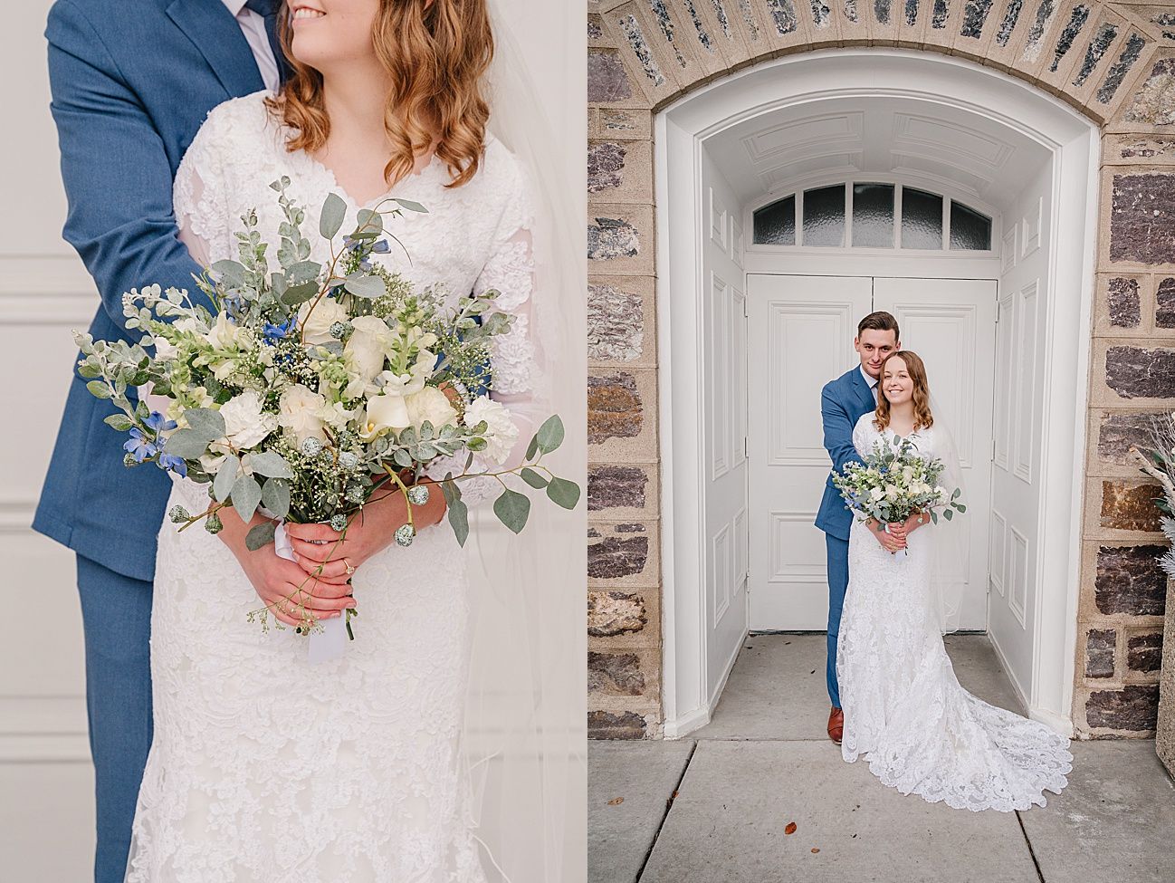 A romantic wedding couple poses in front of a stone archway holding a white and green floral bouquet.