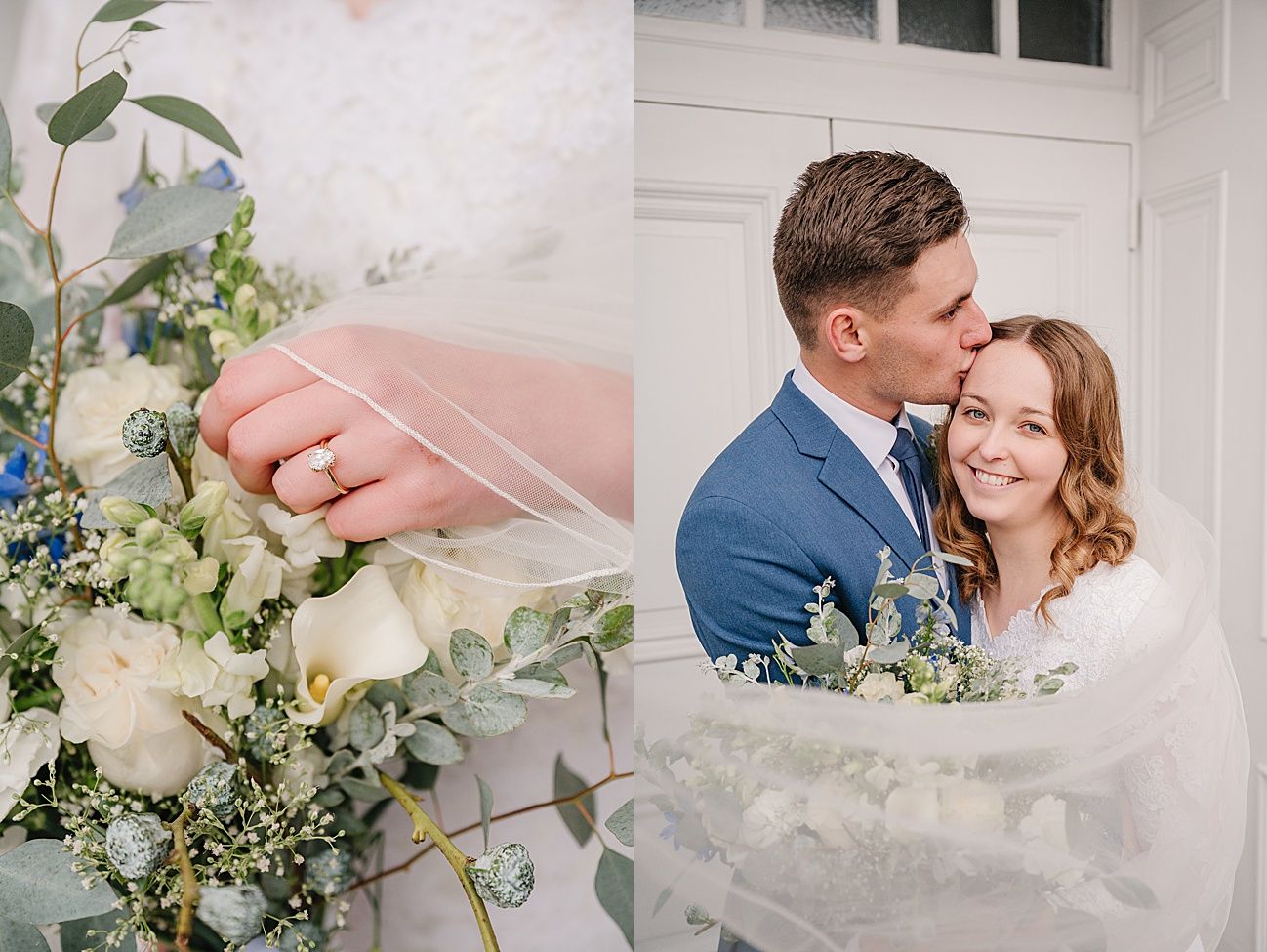 Wedding details featuring a delicate white floral bouquet and an intimate moment between newlyweds.