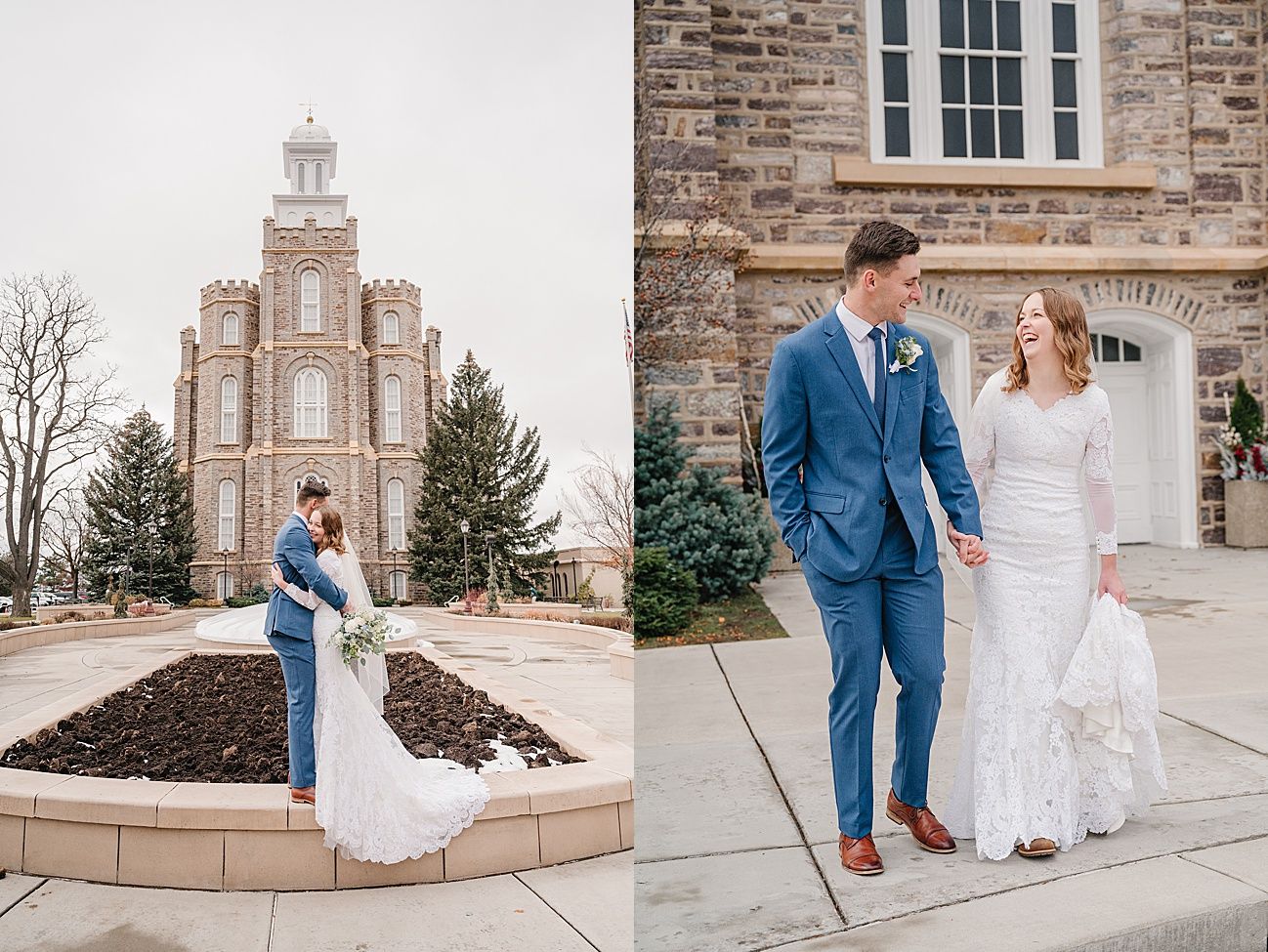 A couple in formal attire shares romantic moments outside a stone church building with a steeple in winter.