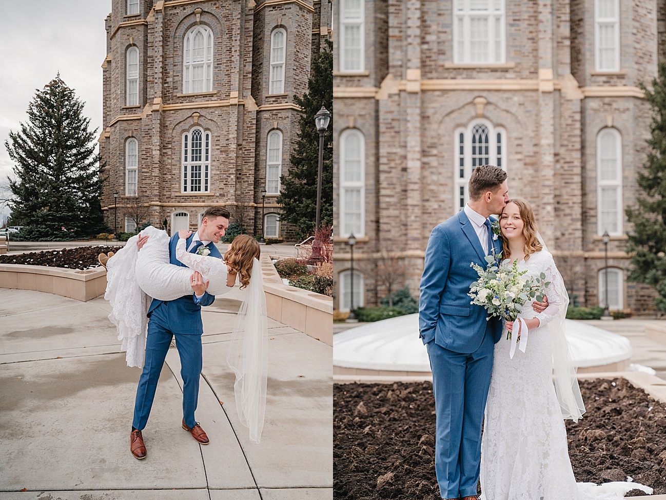 Wedding couple poses in front of historic stone church building with elegant architecture.