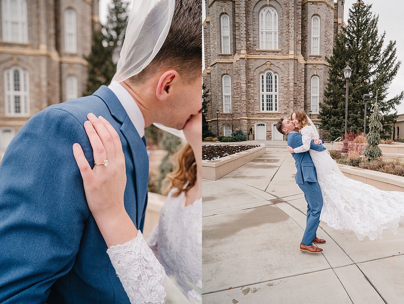 A romantic wedding photoshoot outside a grand historic brick church building with arched windows.