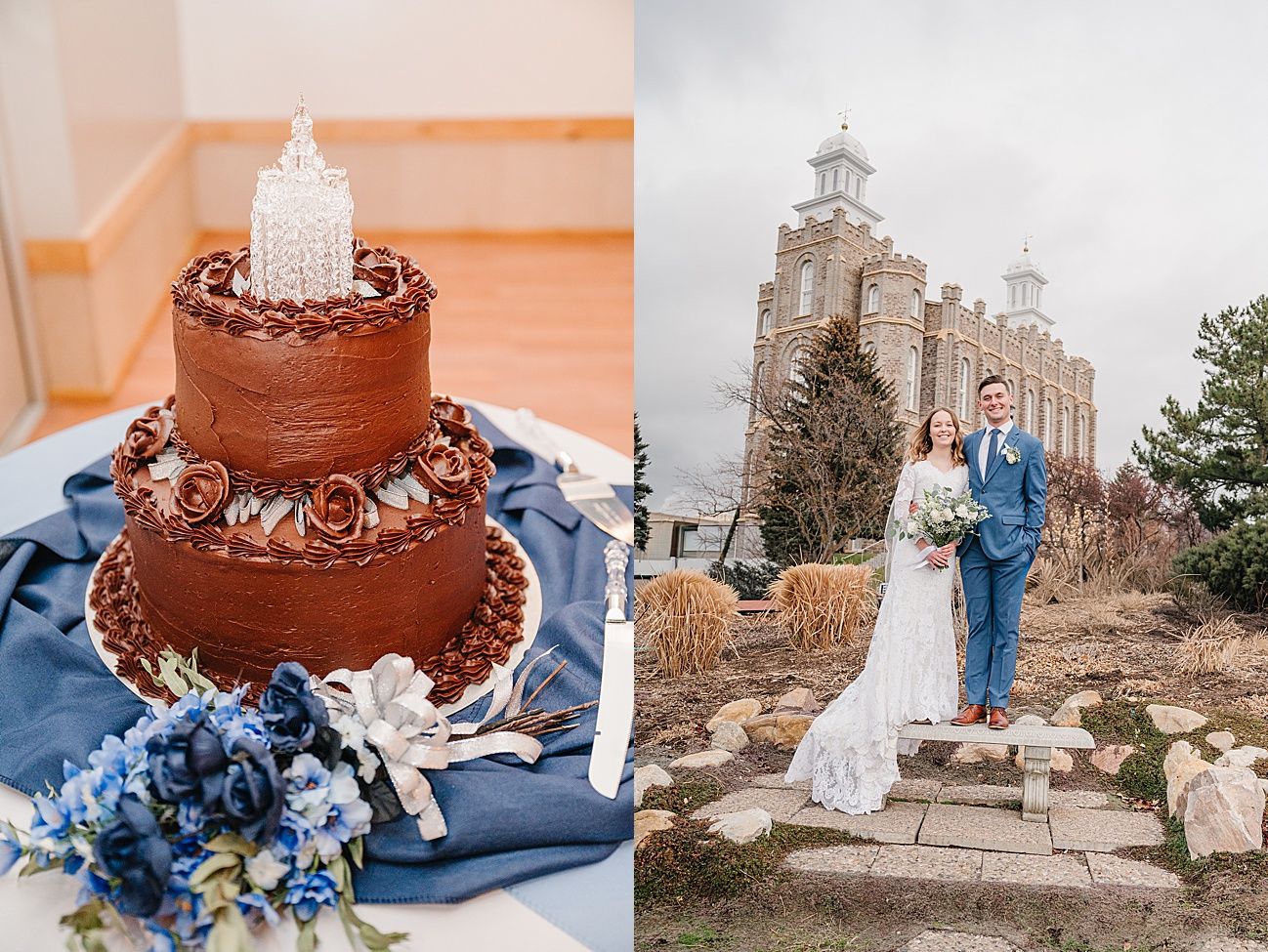 Wedding cake display with blue decor and candles against a rustic stone building backdrop.