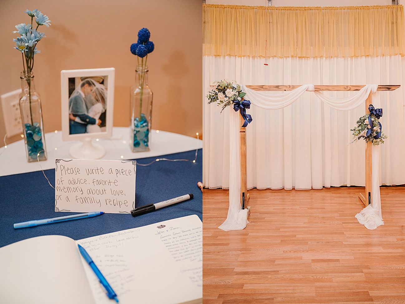 Wedding reception venue setup with white curtains, blue balloons, and floral arrangements on hardwood floors.