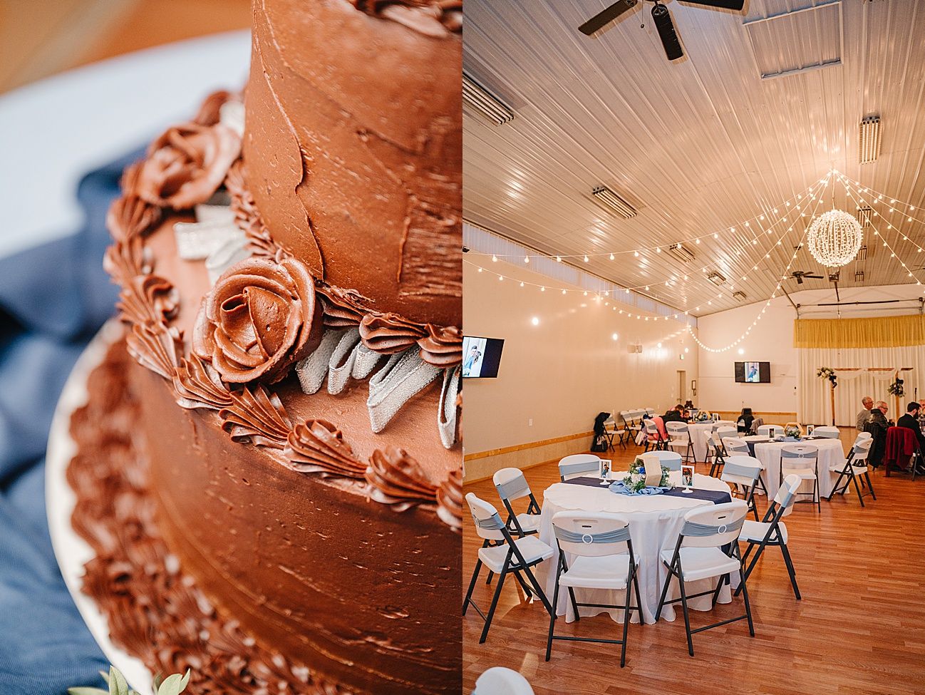 An elegant indoor event space with white chairs and tables decorated with chocolate brown accents.